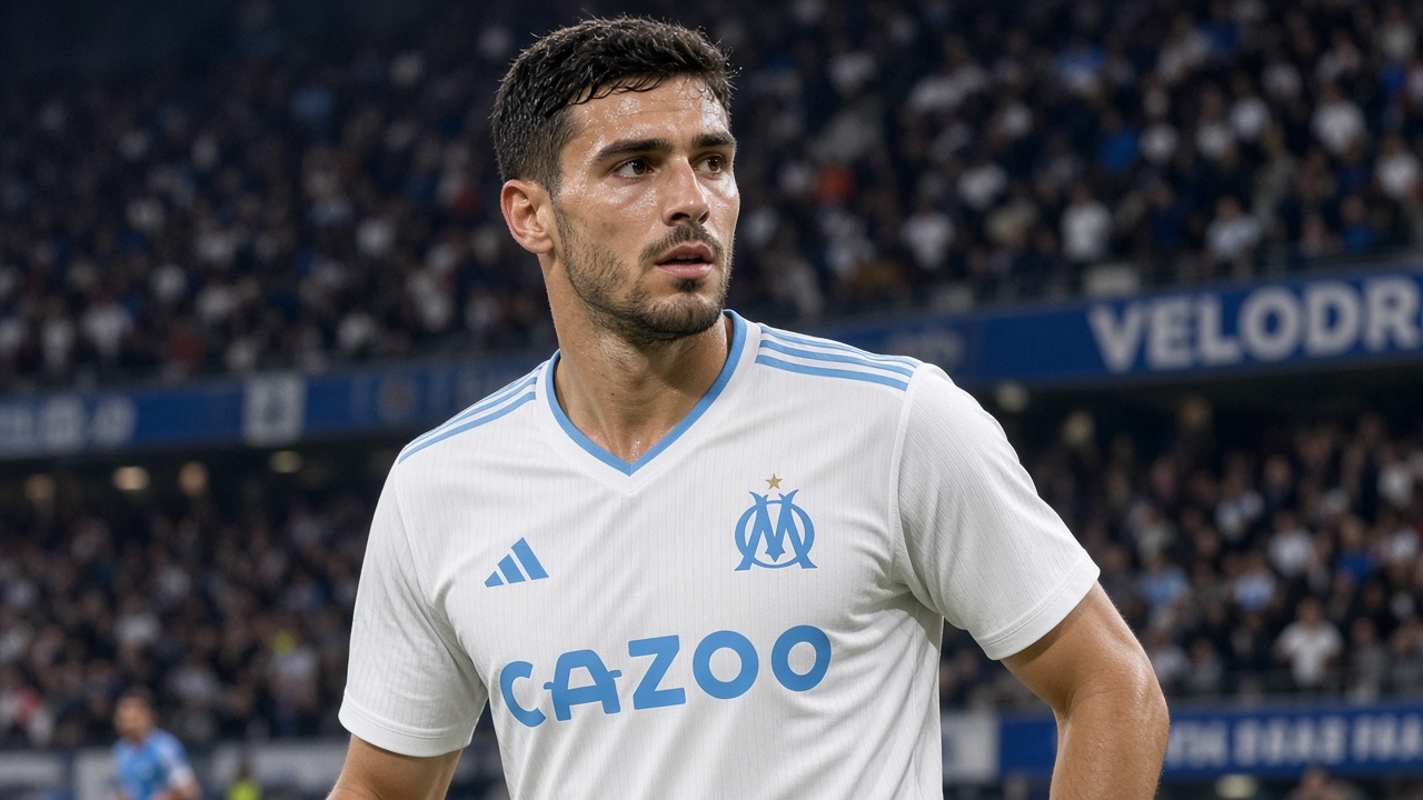 Pemain Olympique Marseille dengan seragam putih OM